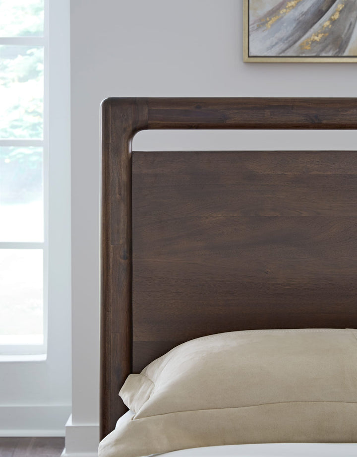 Sol Acacia Wood Platform Bed in Brown Spice styled in a bedroom
