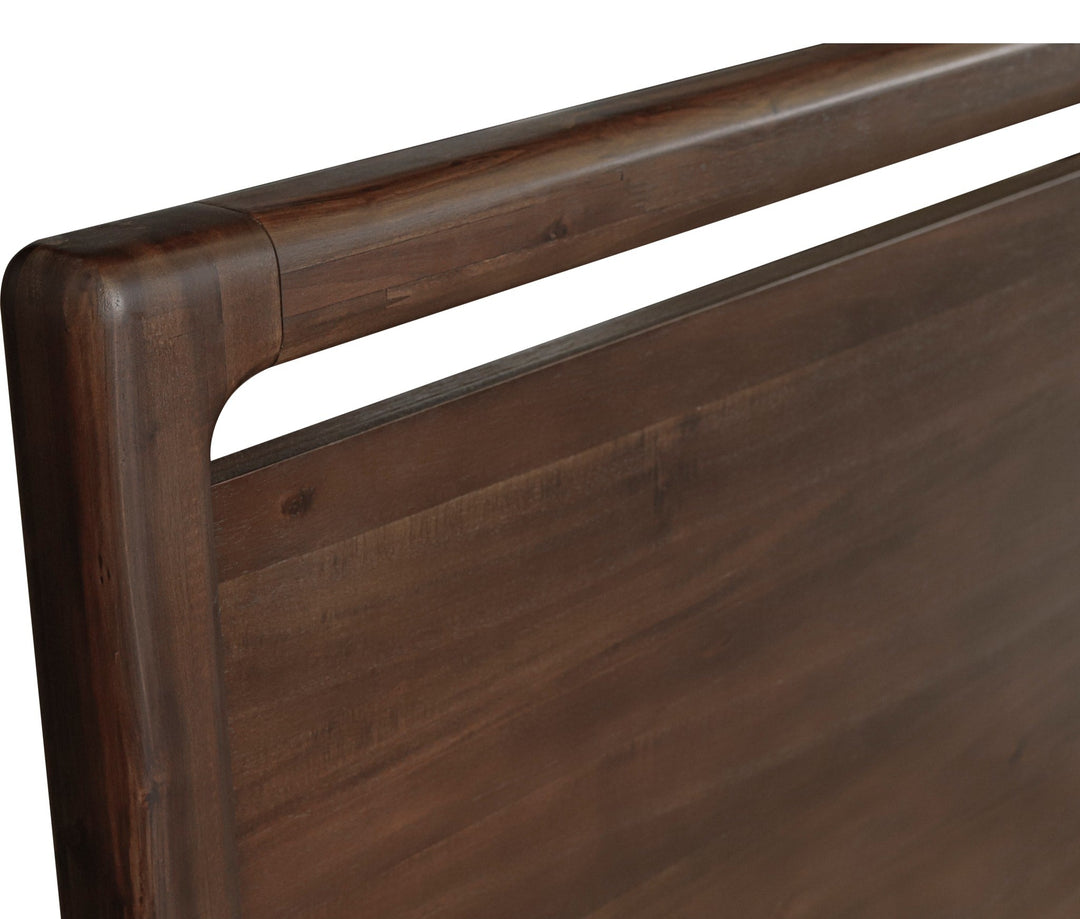 Sol Acacia Wood Platform Bed in Brown Spice — close-up of the open frame footboard