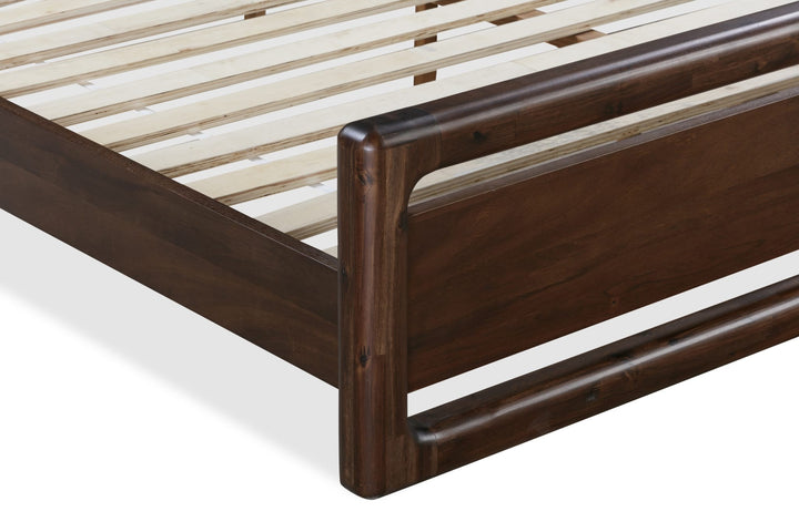 Sol Acacia Wood Platform Bed in Brown Spice — close-up of the slats and rail