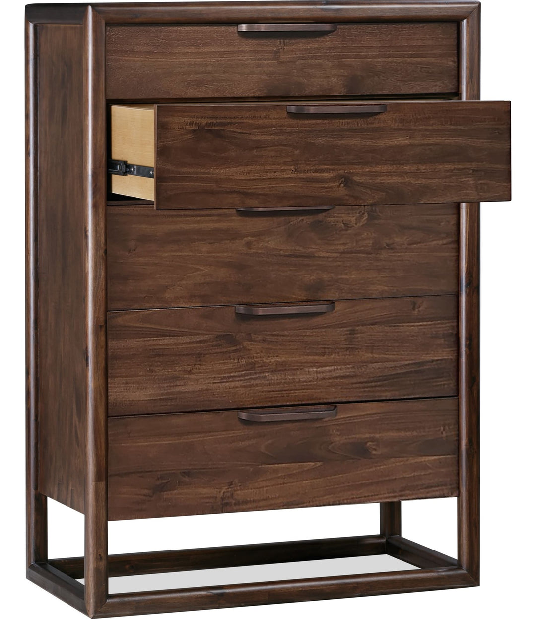 Sol Five Drawer Chest in Brown Spice — with drawers open