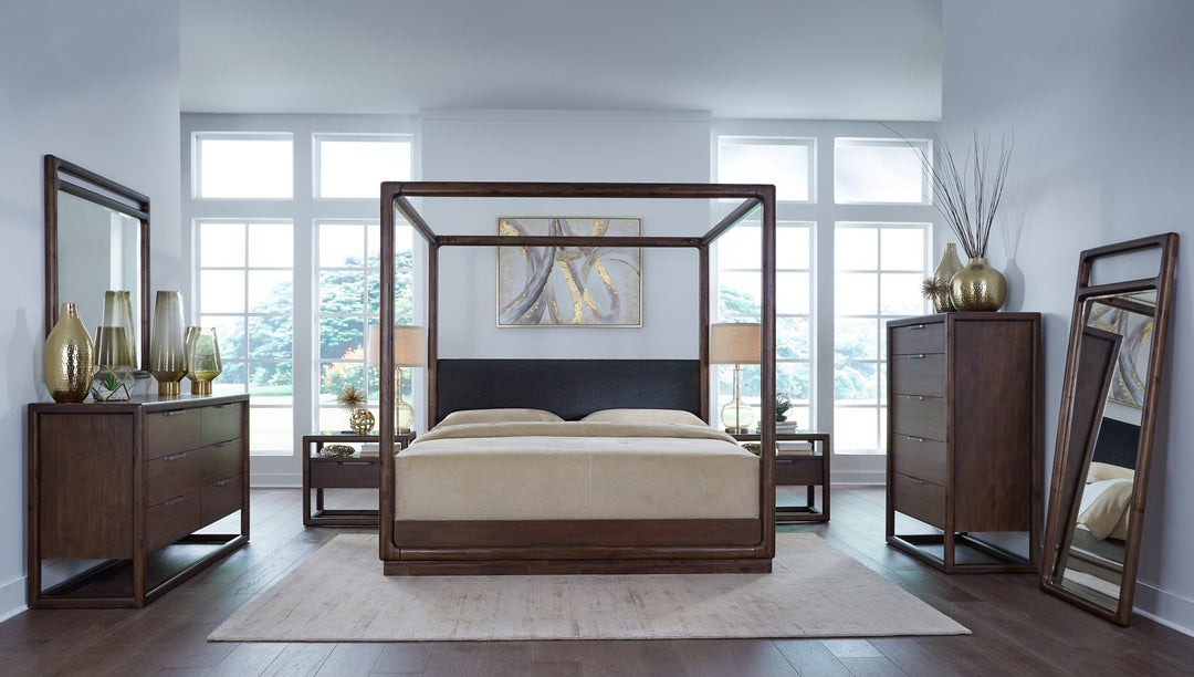 Sol Floor Mirror in Brown Spice — in a bedroom setting