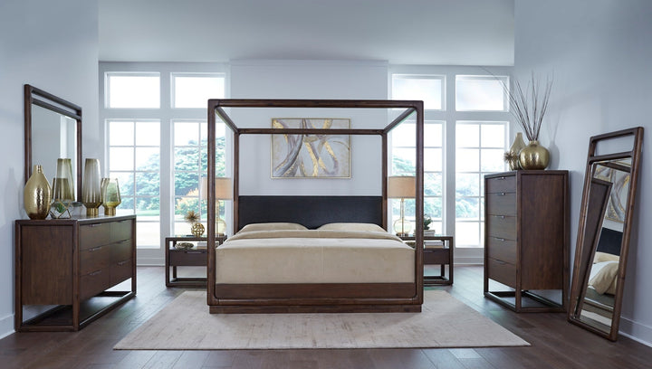 Sol Floor Mirror in Brown Spice — in a bedroom setting