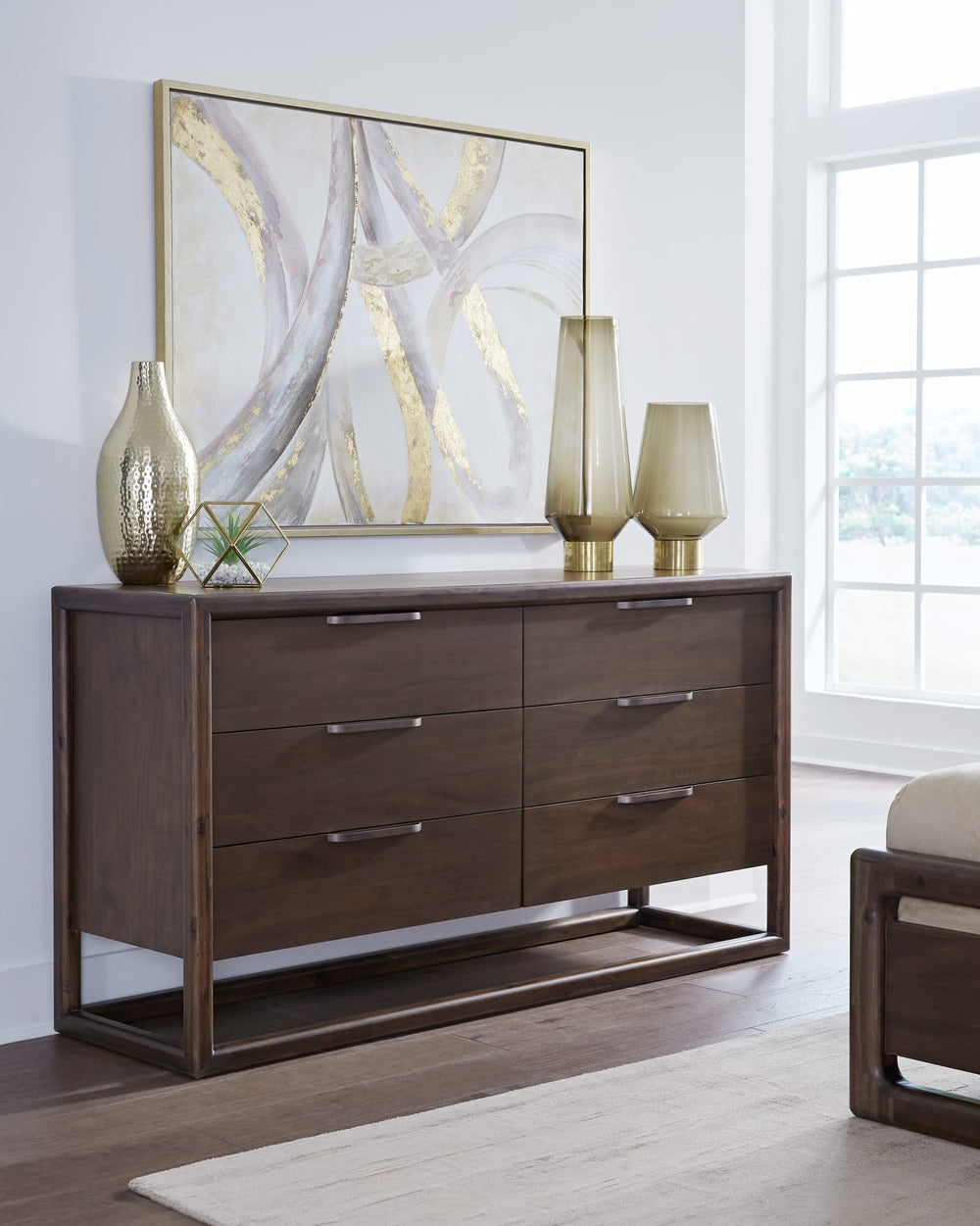 Sol Six Drawer Dresser in Brown Spice — styled in a room