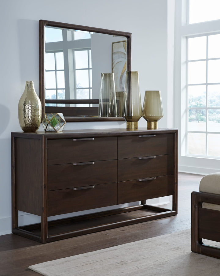 Sol Six Drawer Dresser in Brown Spice — styled with the matching mirror (sold separately)