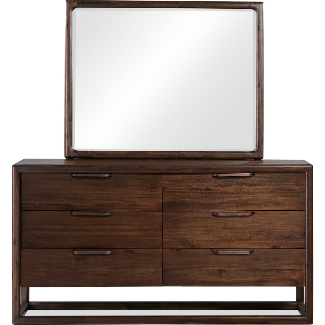 Sol Six Drawer Dresser in Brown Spice — on a white background with the matching mirror (sold separately)