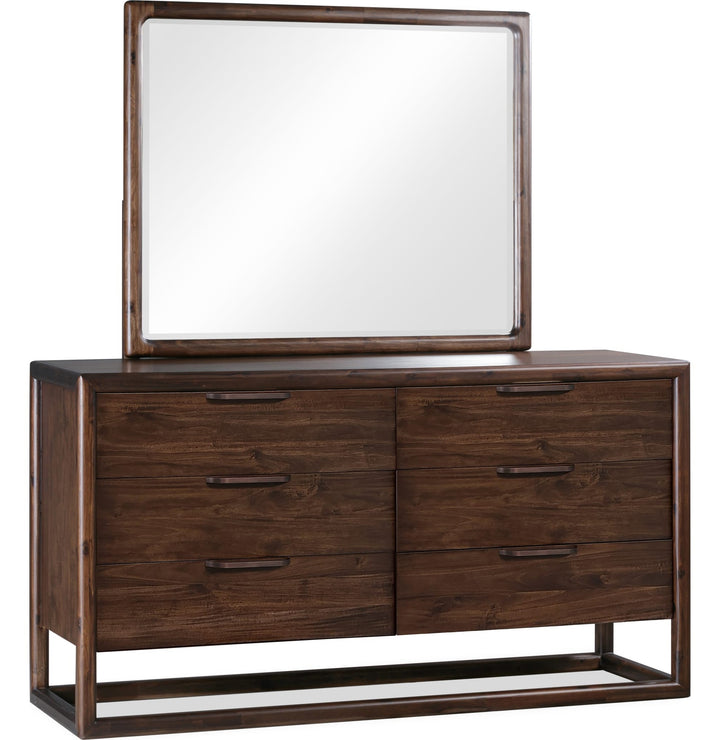 Sol Six Drawer Dresser in Brown Spice — on a white background with the matching mirror (sold separately)