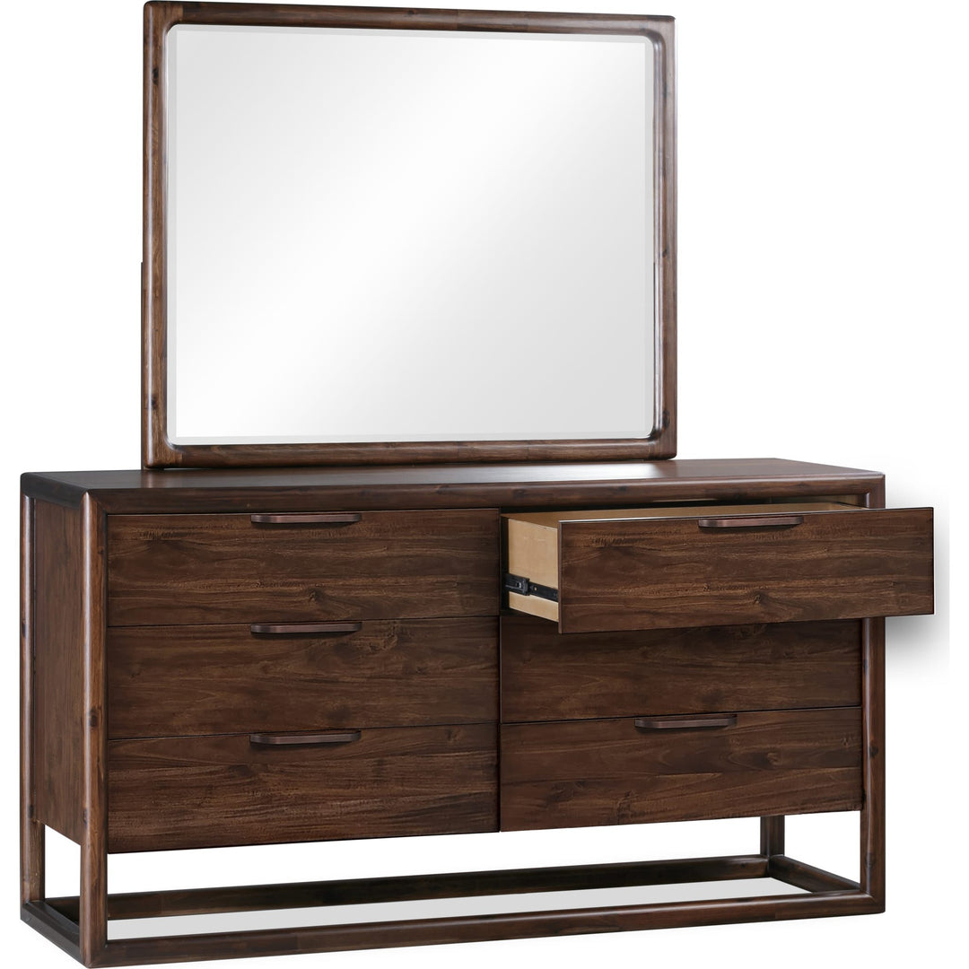 Sol Six Drawer Dresser in Brown Spice — with drawers open, shown with the matching mirror (sold separately)