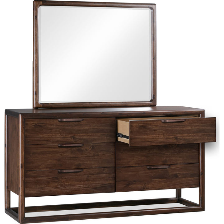 Sol Six Drawer Dresser in Brown Spice — with drawers open, shown with the matching mirror (sold separately)