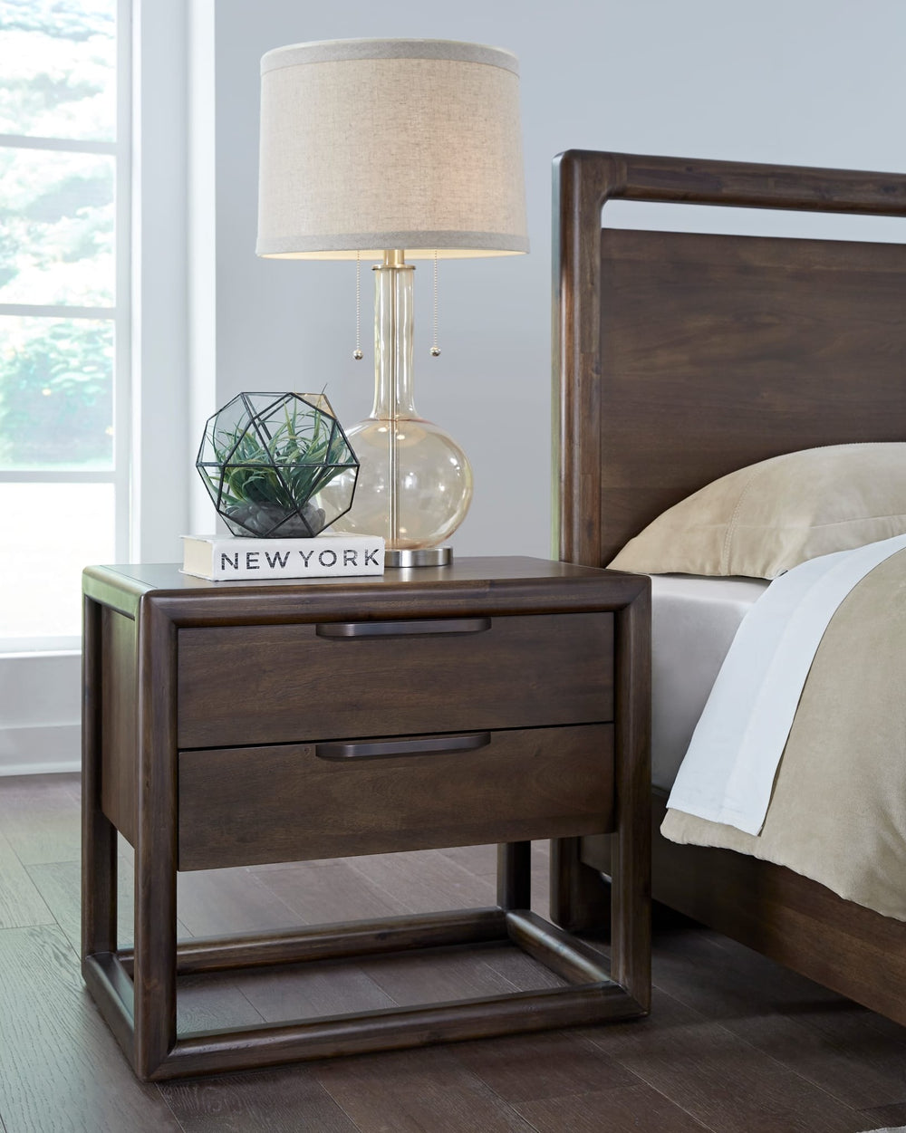Sol Two Drawer USB-Charging Nightstand in Brown Spice — in a bedroom setting