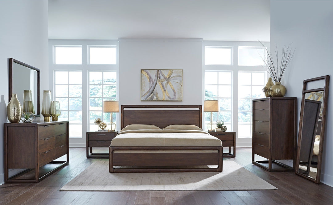 Sol Two Drawer USB-Charging Nightstand in Brown Spice — in a bedroom setting