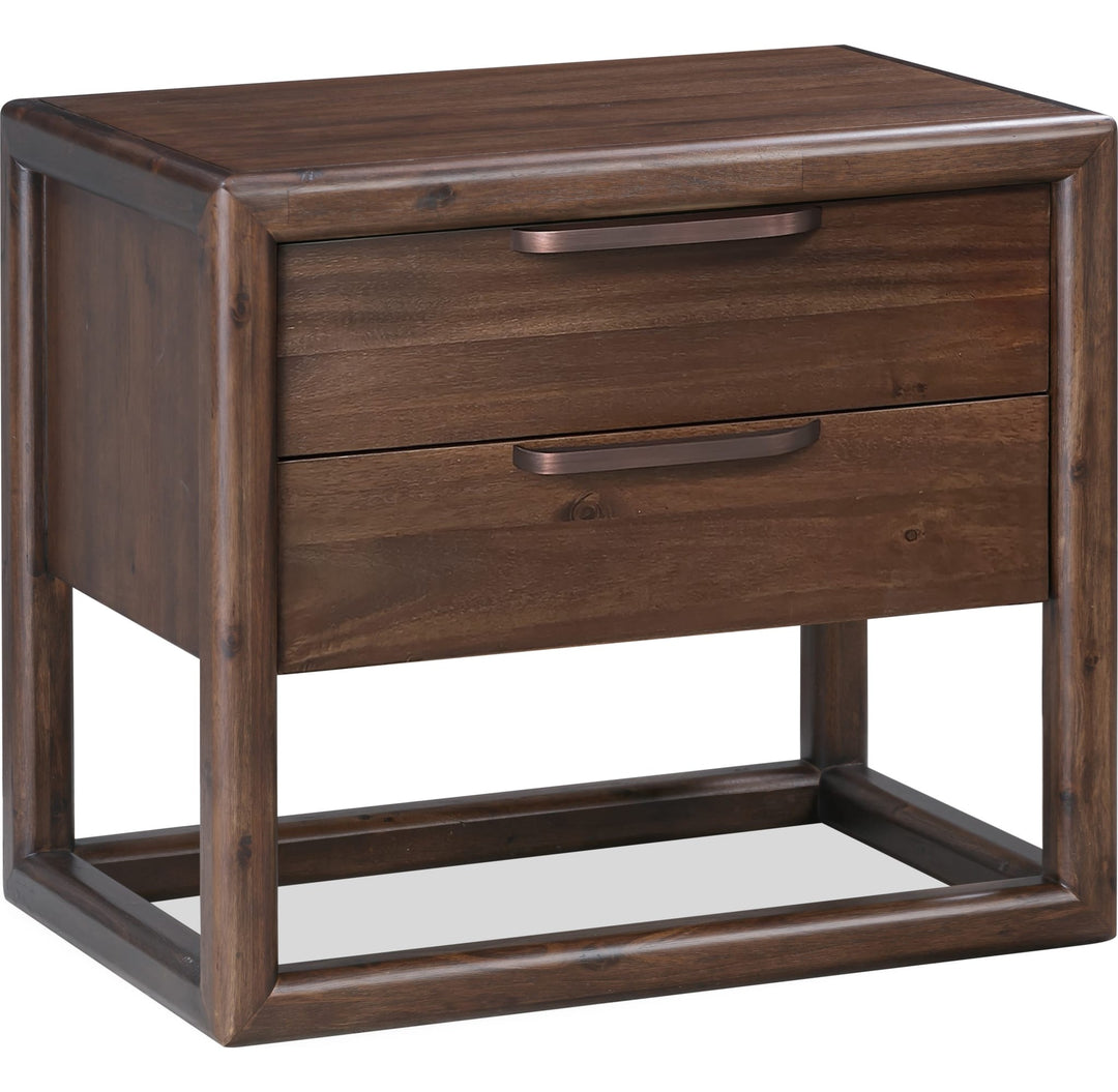 Sol Two Drawer USB-Charging Nightstand in Brown Spice — on a white background