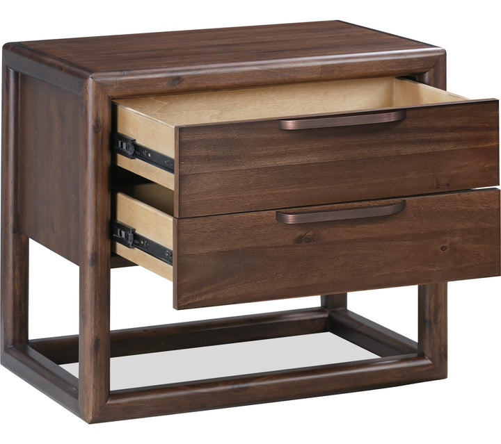 Sol Two Drawer USB-Charging Nightstand in Brown Spice — with drawers open