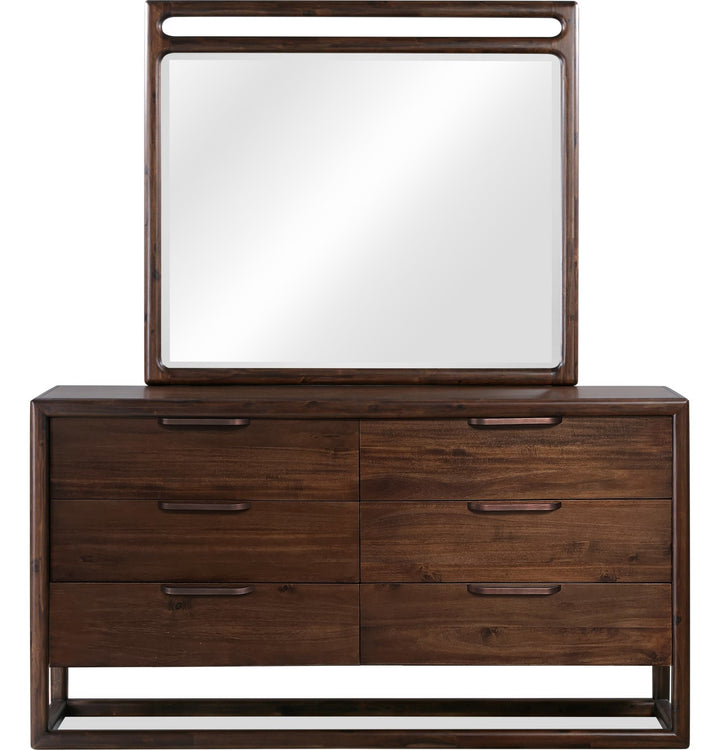 Sol Wall or Dresser Mirror in Brown Spice — on a white background, mounted on the matching dresser (sold separately)