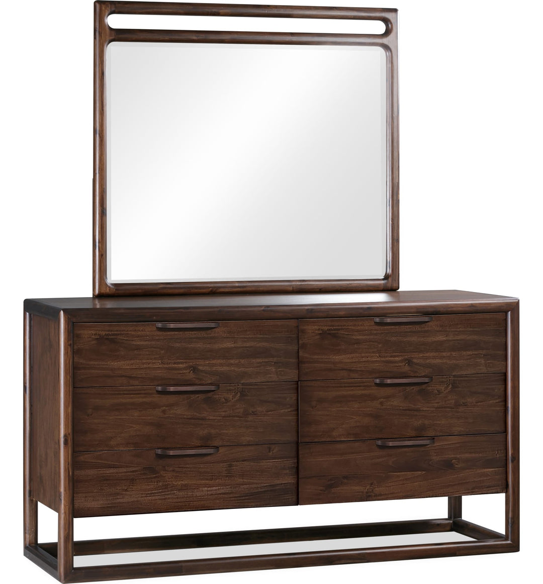 Sol Wall or Dresser Mirror in Brown Spice — on a white background, mounted on the matching dresser (sold separately)