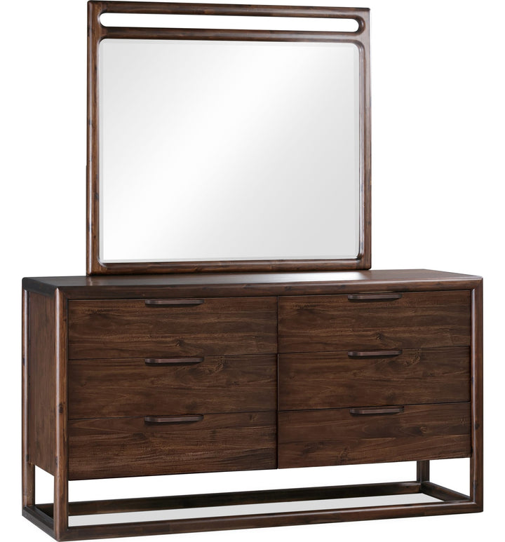 Sol Wall or Dresser Mirror in Brown Spice — on a white background, mounted on the matching dresser (sold separately)