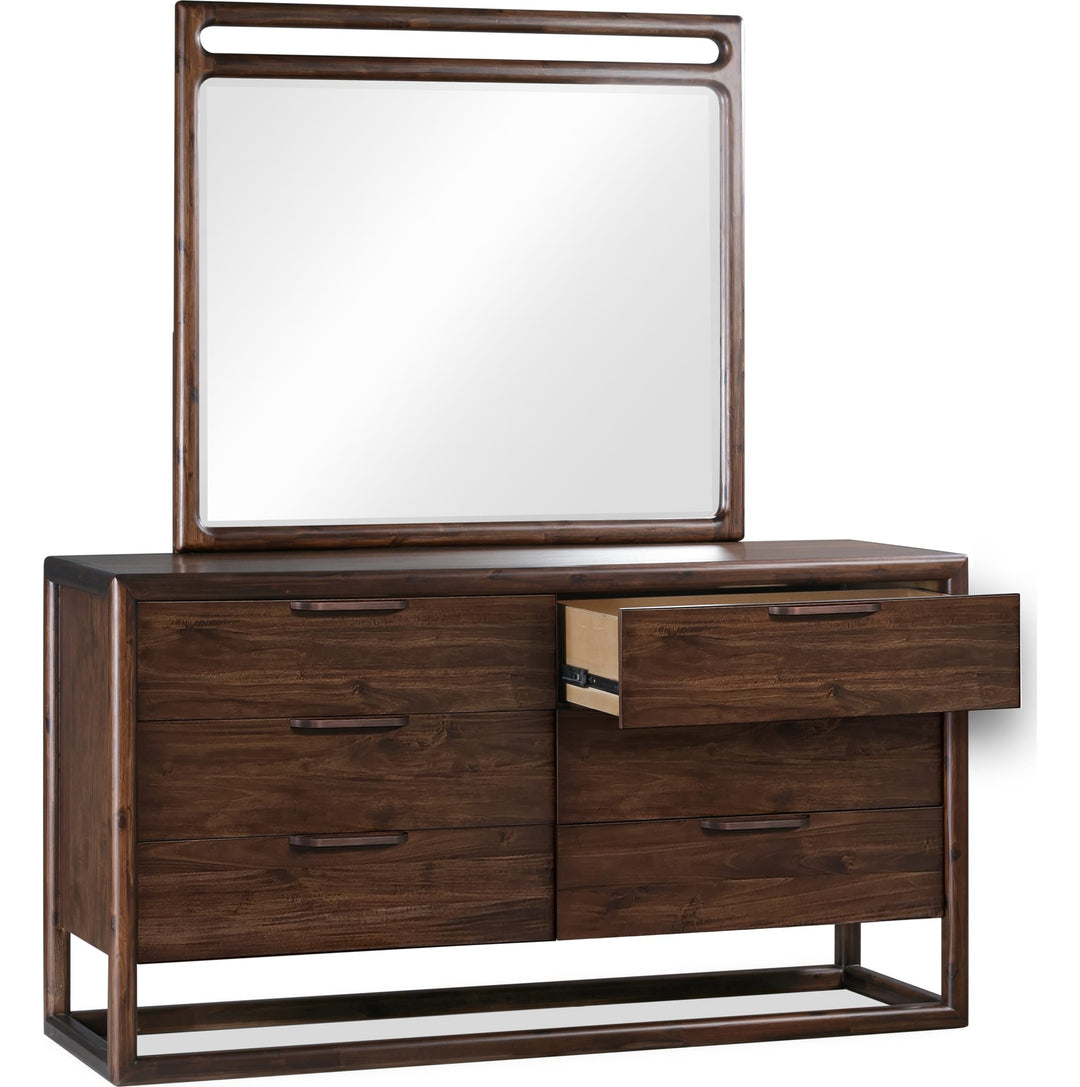 Sol Wall or Dresser Mirror in Brown Spice — on a white background, mounted on the matching dresser (sold separately)