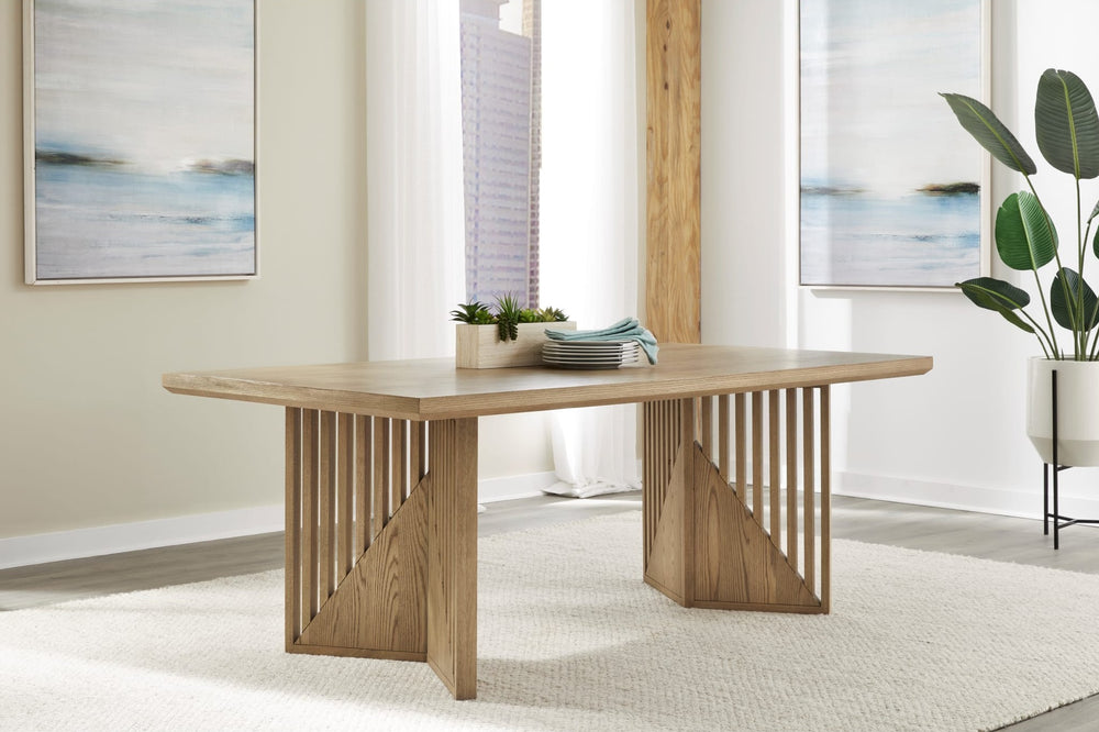 Sumner Double Pedestal Oak Dining Table in Natural — lifestyle photo