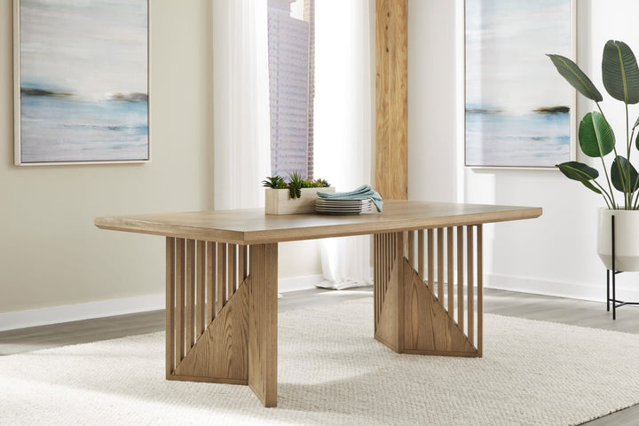 Sumner Double Pedestal Oak Dining Table in Natural — lifestyle photo