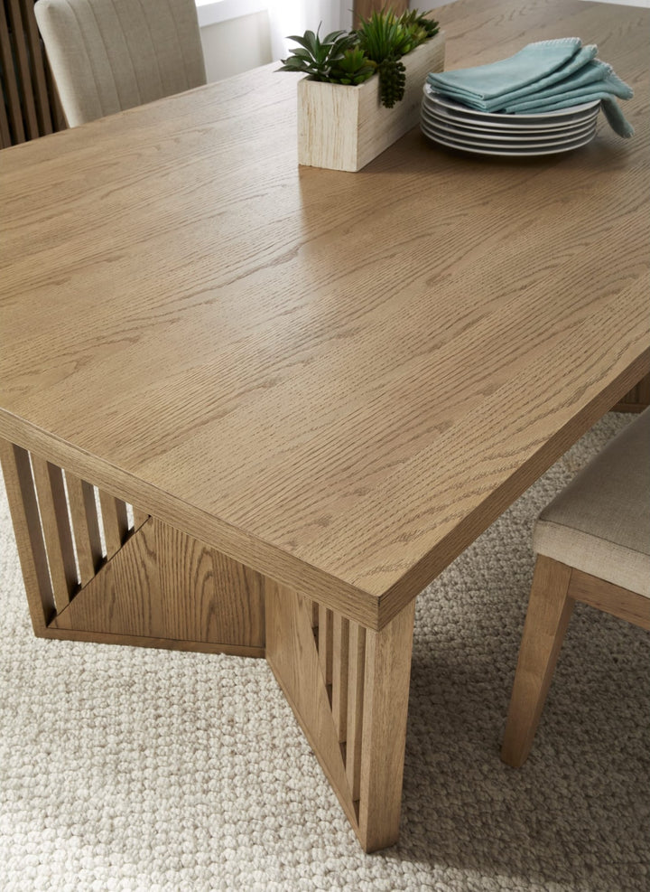 Sumner Double Pedestal Oak Dining Table in Natural — lifestyle photo