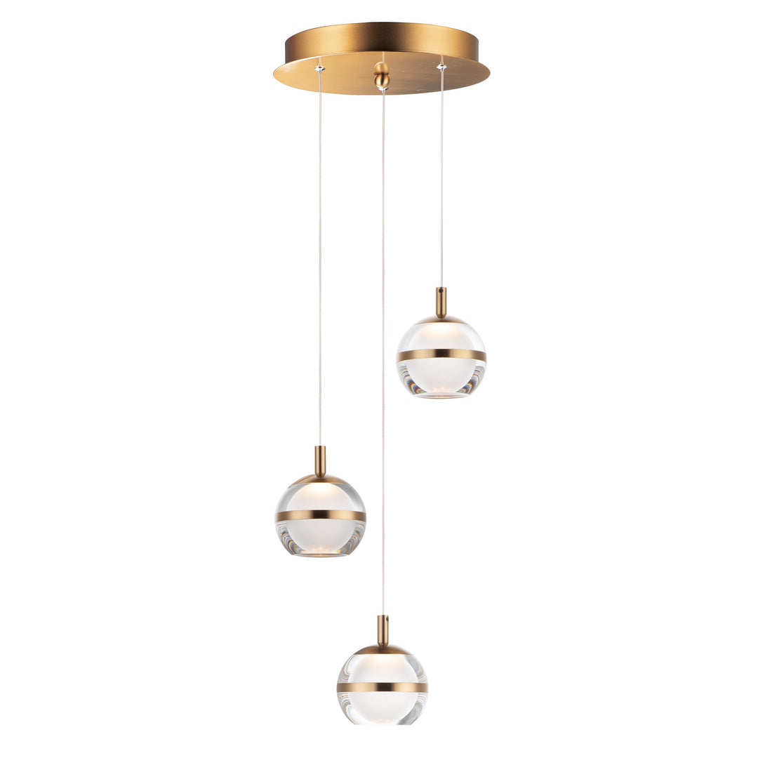 Swank 3-Light LED Pendant by ET2 Lighting in Natural Aged Brass, front view