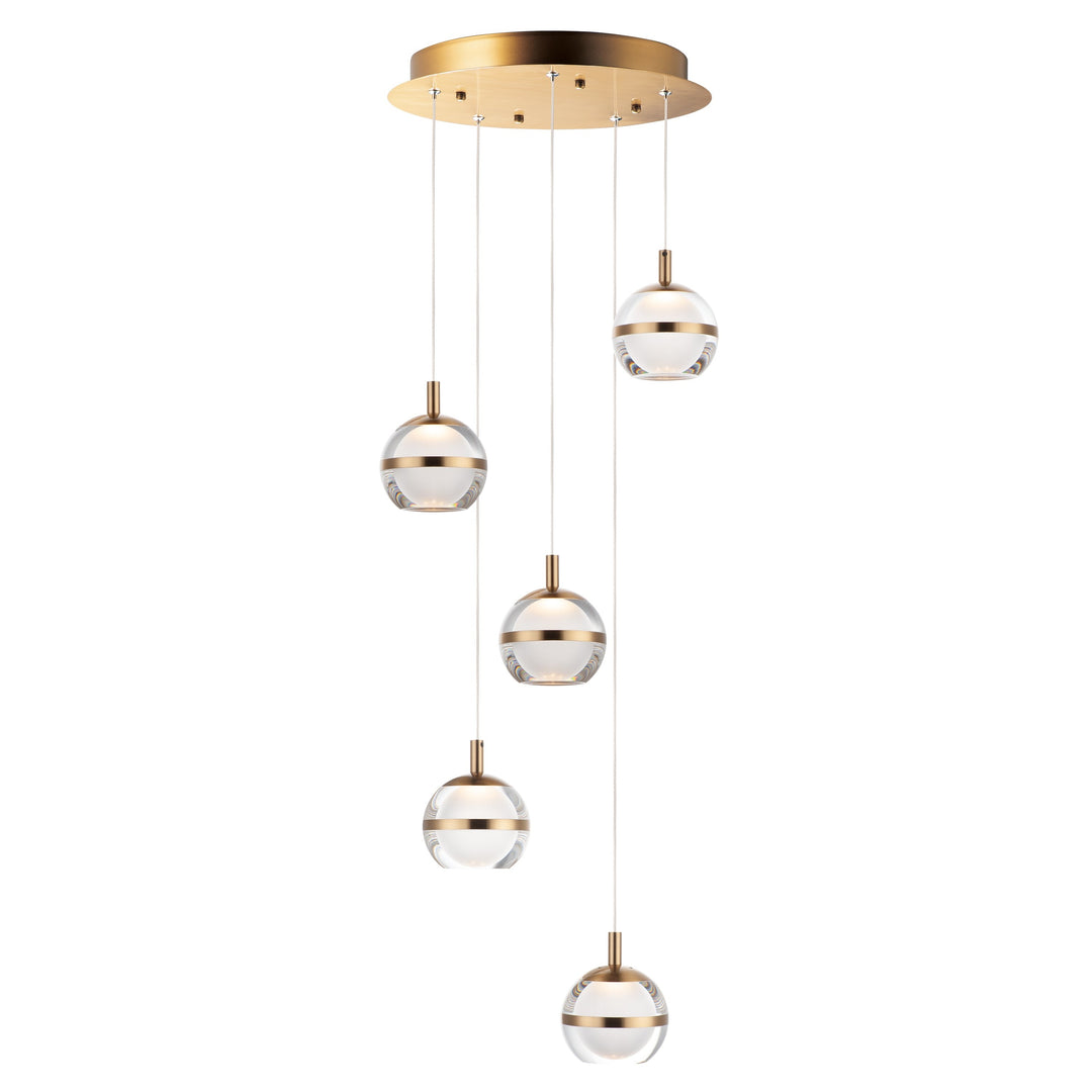 Swank 5-Light LED Pendant by ET2 Lighting in Natural Aged Brass, front view