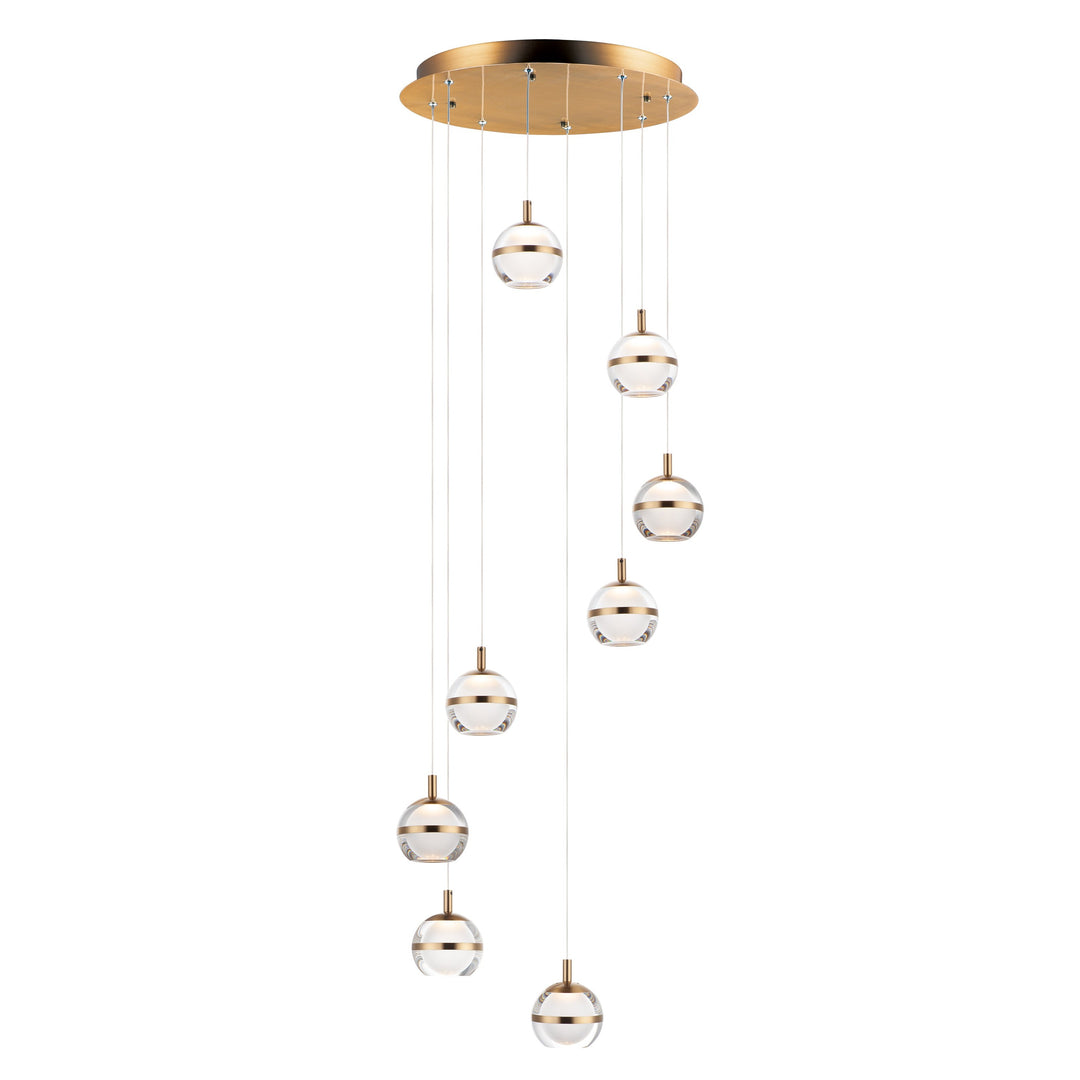Swank 8-Light LED Pendant by ET2 Lighting in Natural Aged Brass, front view