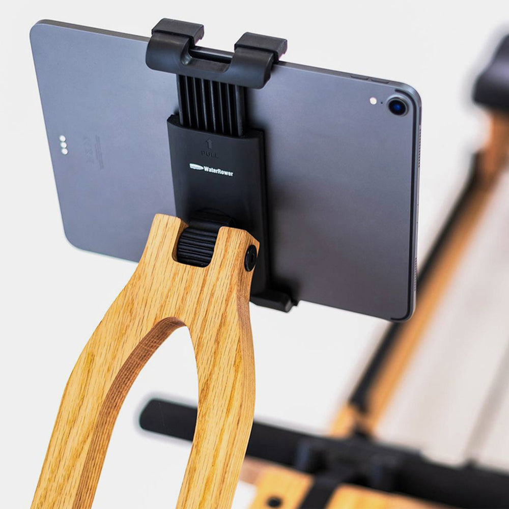 WaterRower Tablet Holder mounted above the rowing machine