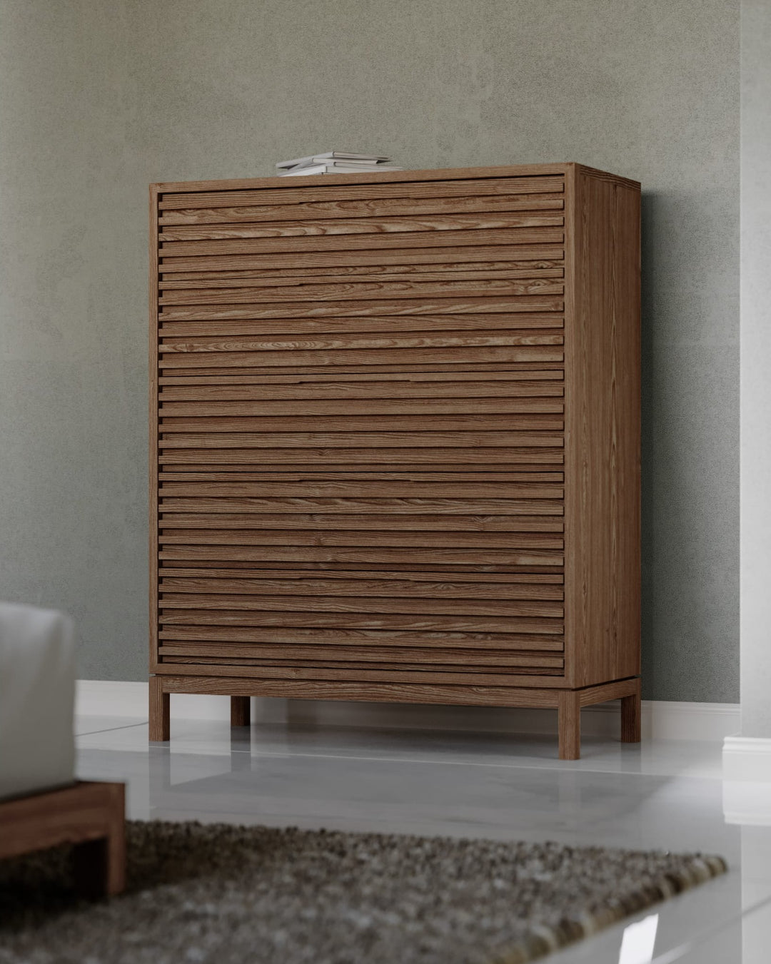 Tanner Five Drawer Chest in Roux — styled in a room