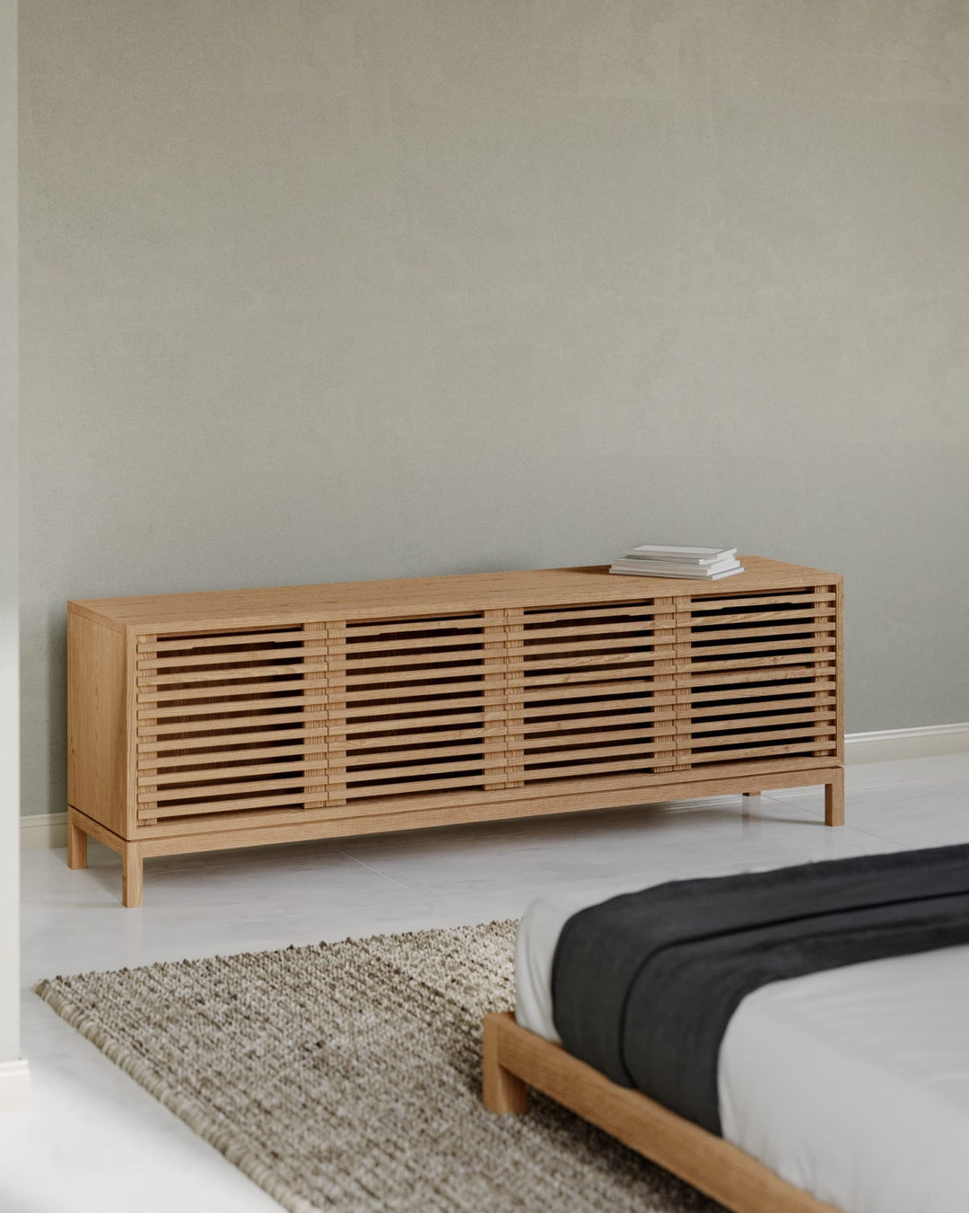 Tanner Four Door Solid Ash Media Console in Flaxen — lifestyle photo