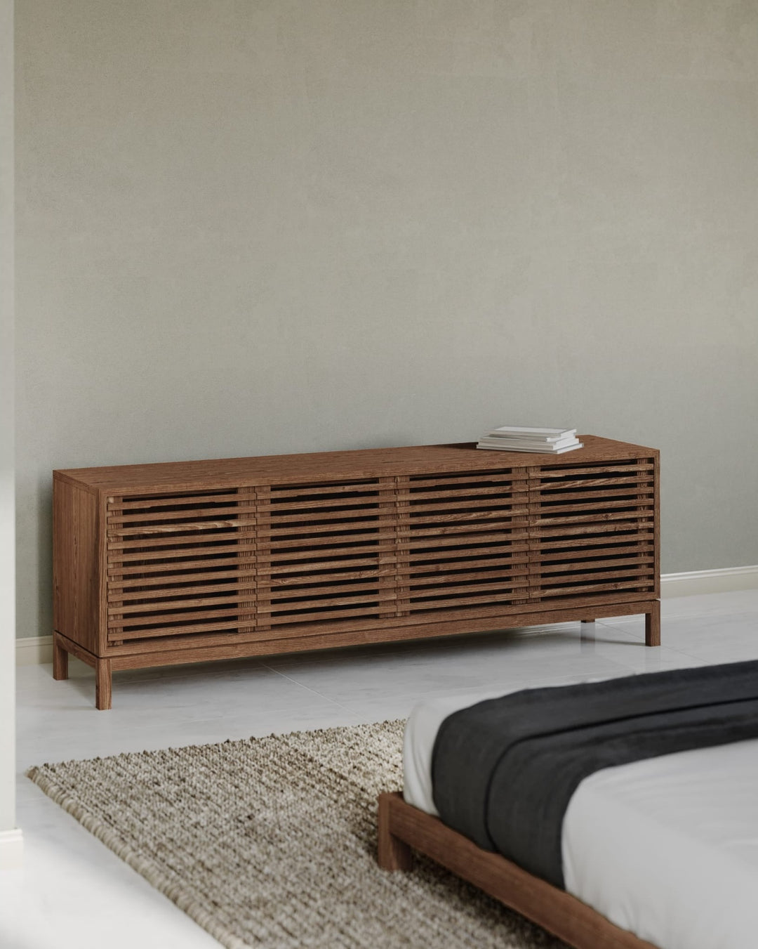 Tanner Four Door Solid Ash Media Console in Roux — lifestyle photo