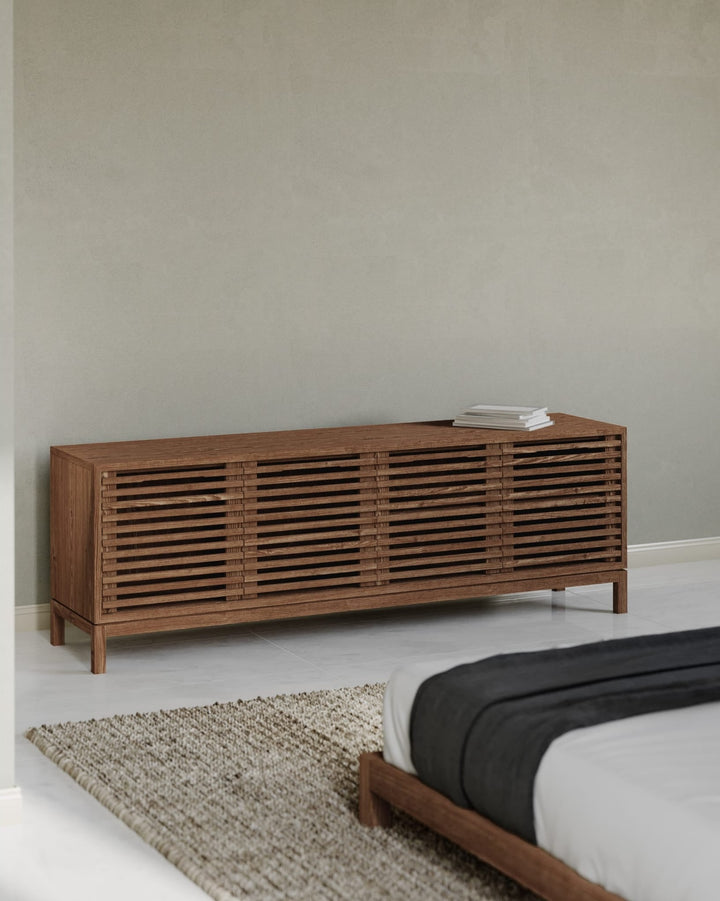 Tanner Four Door Solid Ash Media Console in Roux — lifestyle photo