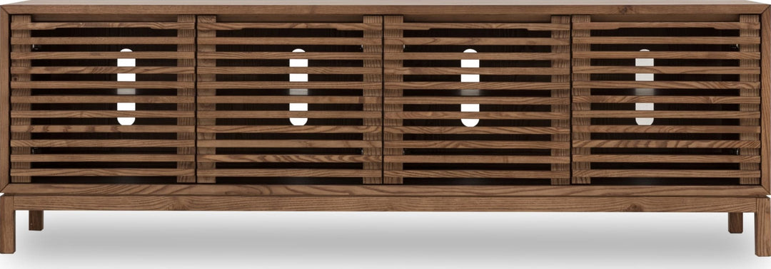 Tanner Four Door Solid Ash Media Console in Roux — lifestyle photo