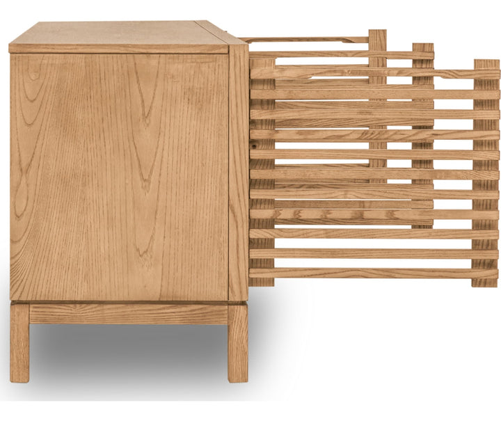 Tanner Four Door Solid Ash Media Console in Flaxen — product view on a white background