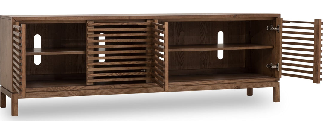 Tanner Four Door Solid Ash Media Console in Roux — product view on a white background