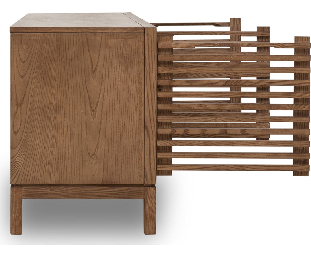 Tanner Four Door Solid Ash Media Console in Roux — product view on a white background