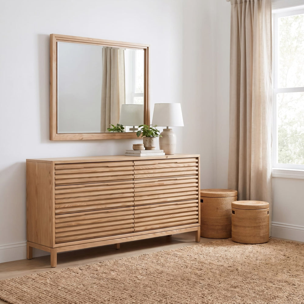 Tanner Six Drawer Dresser in Flaxen — styled with the matching mirror (sold separately)