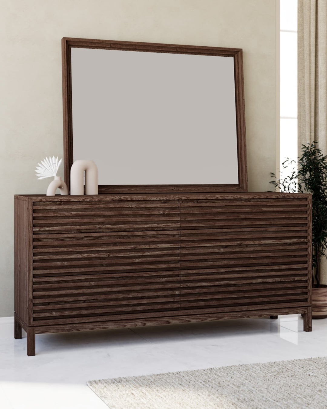Tanner Six Drawer Dresser in Roux — styled with the matching mirror (sold separately)