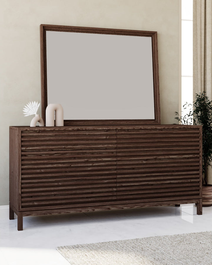 Tanner Six Drawer Dresser in Roux — styled with the matching mirror (sold separately)