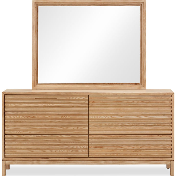 Tanner Six Drawer Dresser in Flaxen — on a white background with the matching mirror (sold separately)