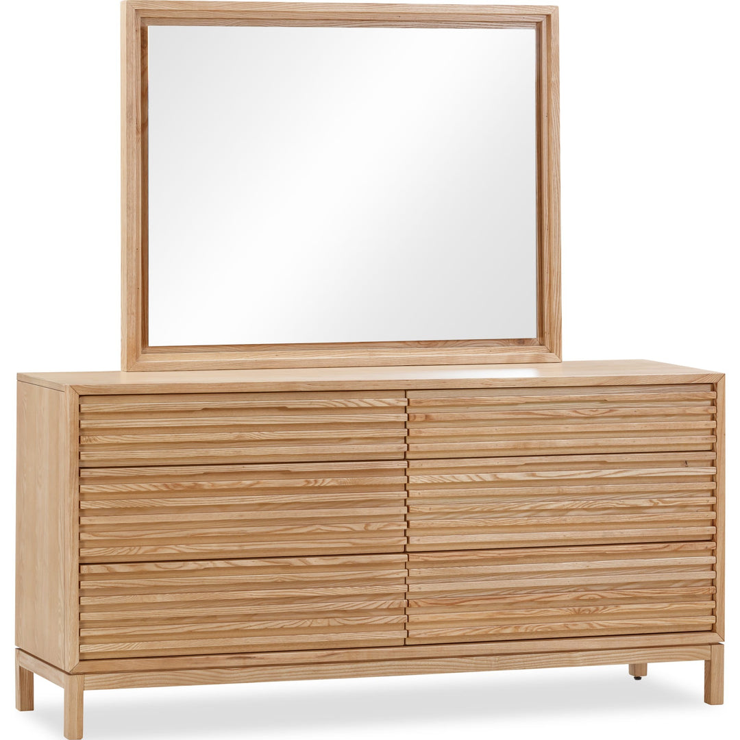 Tanner Six Drawer Dresser in Flaxen — on a white background with the matching mirror (sold separately)