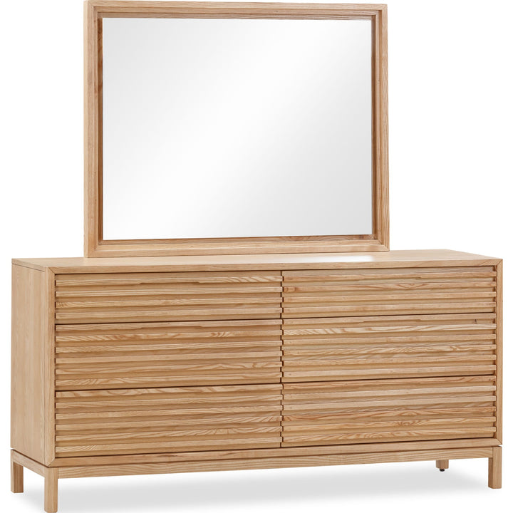 Tanner Six Drawer Dresser in Flaxen — on a white background with the matching mirror (sold separately)