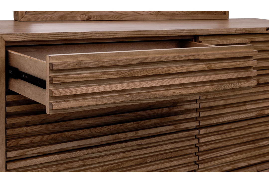 Tanner Six Drawer Dresser in Roux — with drawers open