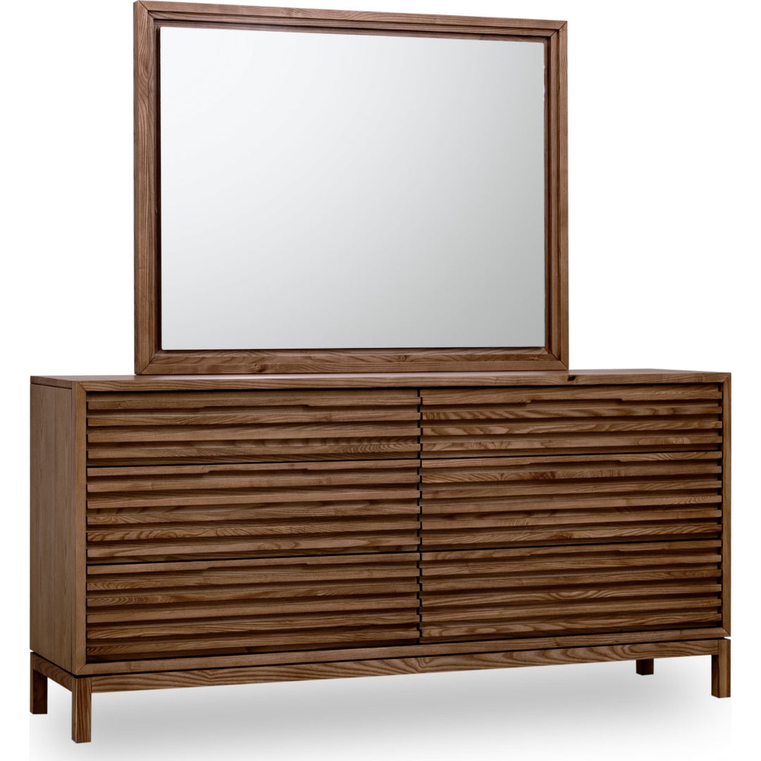 Tanner Six Drawer Dresser in Roux — on a white background with the matching mirror (sold separately)