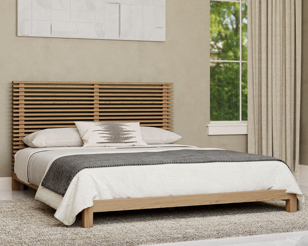 Tanner Solid Ash Platform Bed in Flaxen styled in a bedroom