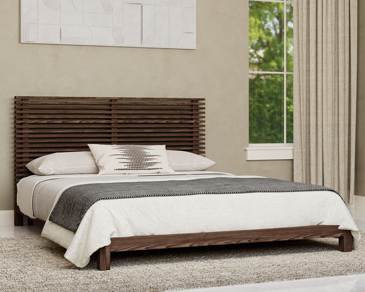 Tanner Solid Ash Platform Bed in Roux styled in a bedroom