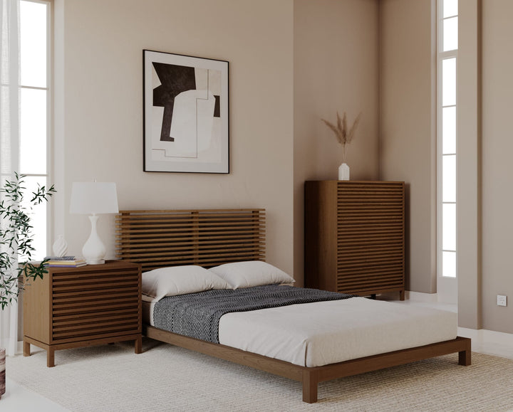 Tanner Solid Ash Platform Bed in Roux styled in a bedroom
