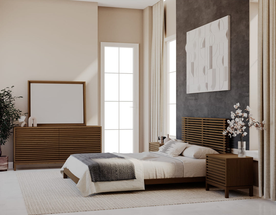 Tanner Solid Ash Platform Bed in Roux styled in a bedroom