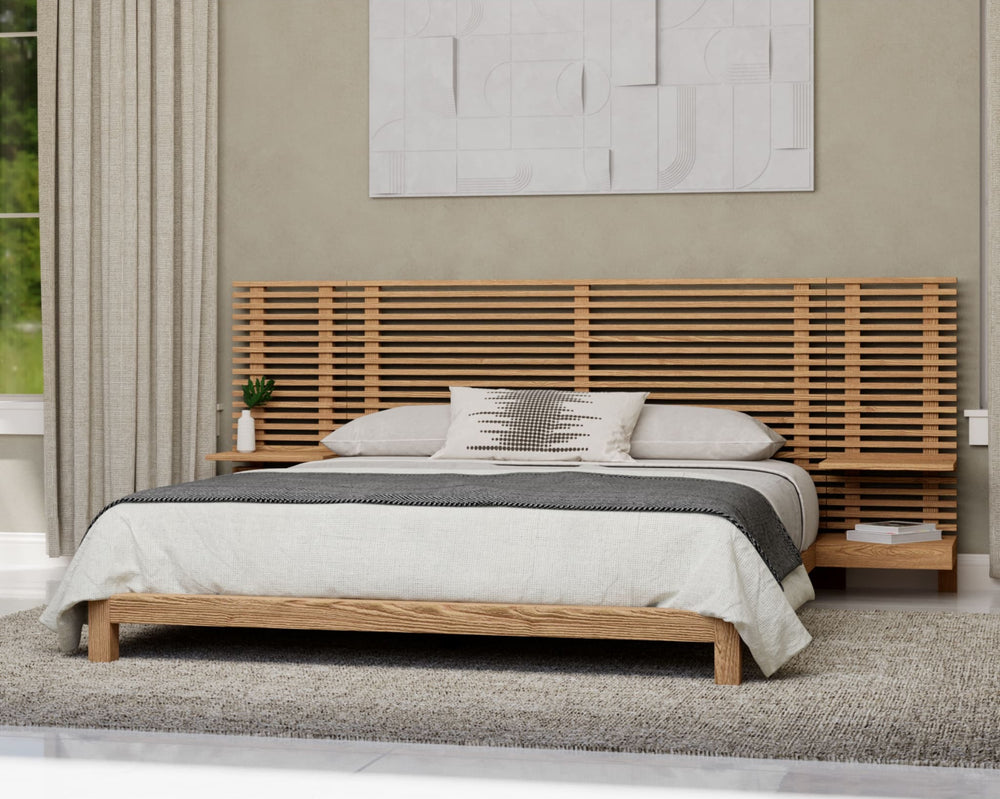 Tanner Solid Ash Wall Bed with Integrated Nightstands in Flaxen styled in a bedroom