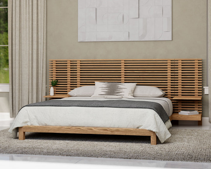 Tanner Solid Ash Wall Bed with Integrated Nightstands in Flaxen styled in a bedroom