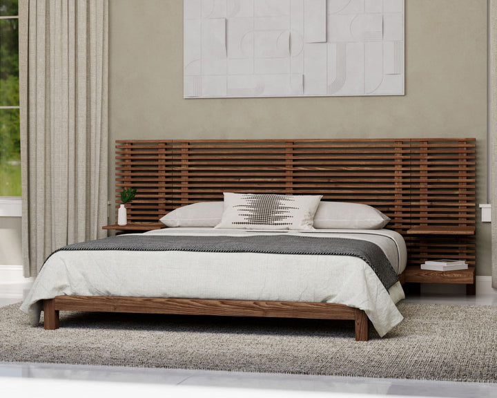 Tanner Solid Ash Wall Bed with Integrated Nightstands in Roux styled in a bedroom